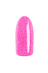 Gliterry bubblegum pink color swatch of EzFlow TruDIP XO Maybe previewed on an artificial nail